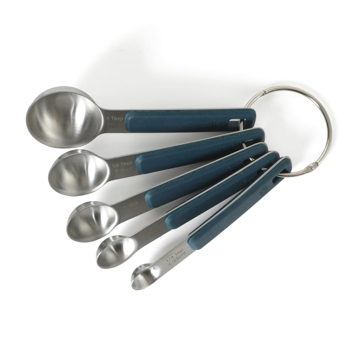 Calphalon Prime Measuring Spoons, Plastic Measuring Spoon Set, 5-Piece Stainless Steel Measuring Spoons Navy Silicone Handle Accurate, Durable for Spices and Small Portions