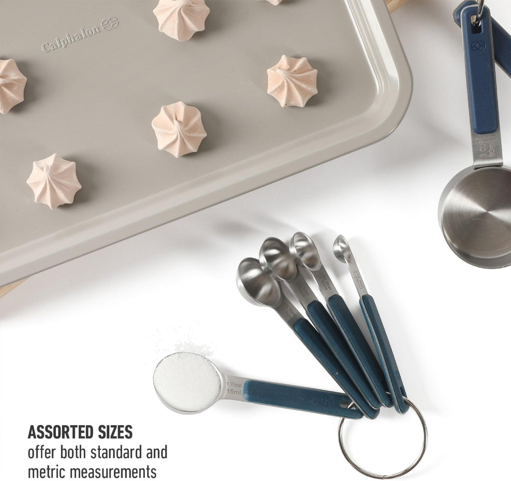 Calphalon Prime Measuring Spoons, Plastic Measuring Spoon Set, 5-Piece Stainless Steel Measuring Spoons Navy Silicone Handle Accurate, Durable for Spices and Small Portions