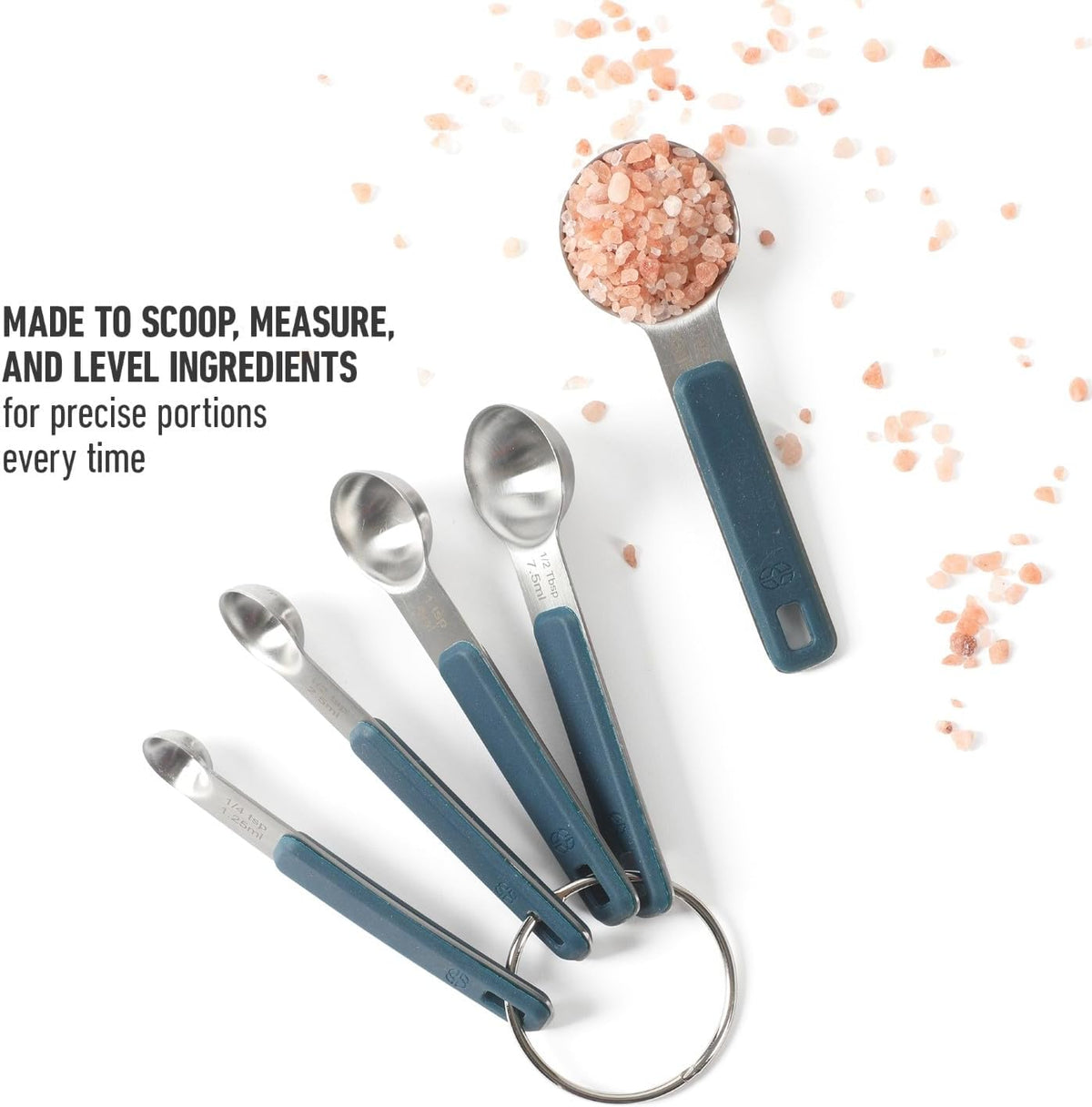 Calphalon Prime Measuring Spoons, Plastic Measuring Spoon Set, 5-Piece Stainless Steel Measuring Spoons Navy Silicone Handle Accurate, Durable for Spices and Small Portions