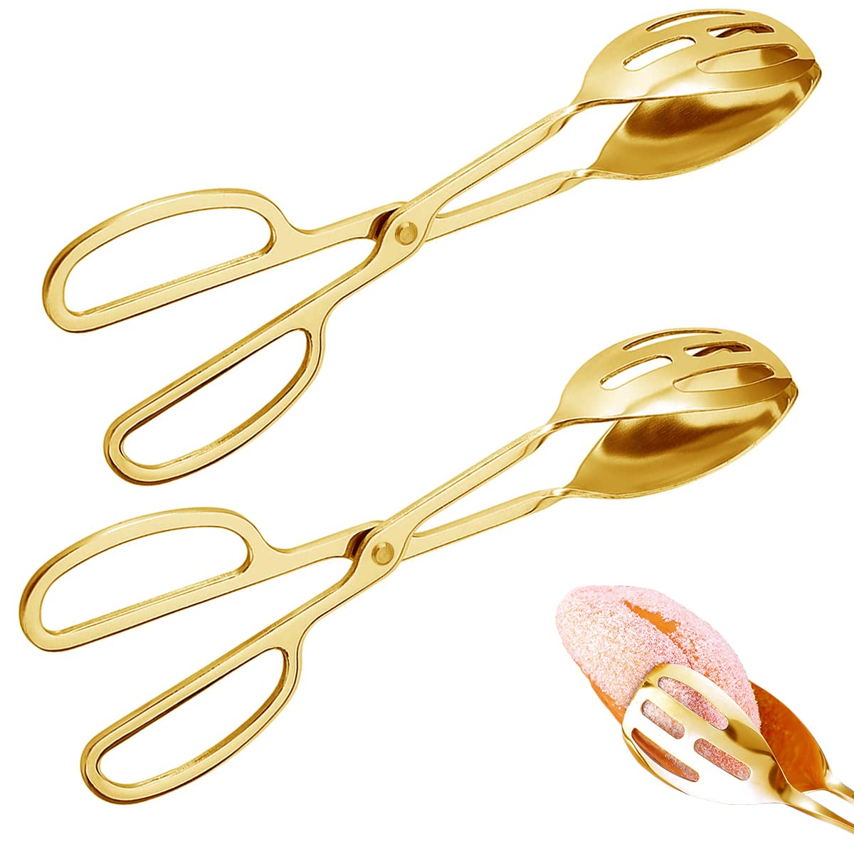 2 Pieces Buffet Salad Tongs for Kitchen Serving and Cooking, Stainless Steel Food Scissor Tongs, Catering Utensil for Bread Cake Bake Steak Barbecue (Gold)