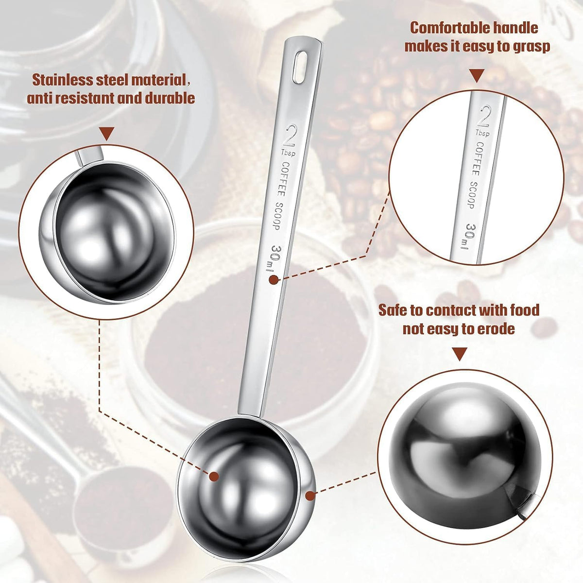 Geiserailie 8 Pcs 2 Tablespoon Scoops with Long Handle, 30 ml Stainless Steel Measuring Spoon for Coffee Milk Fruit Powder, Loose Tea Dry, Spice Jar, Cooking Baking, and Other Dry Goods
