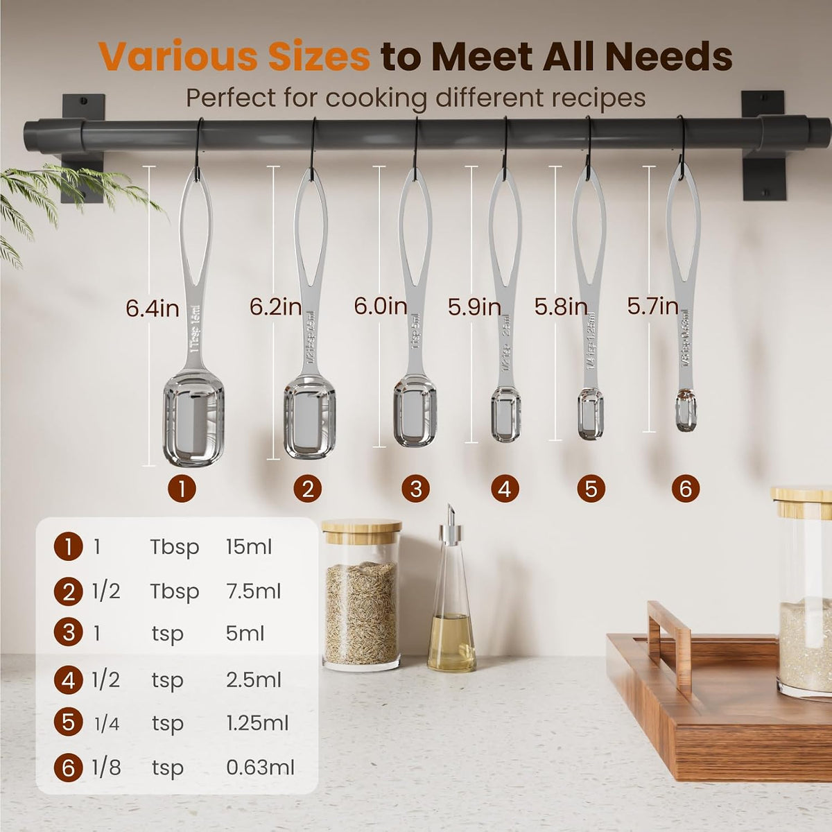 6pcs Narrow Measuring Spoons Set, Stainless Steel Spoons for Spice Jars
