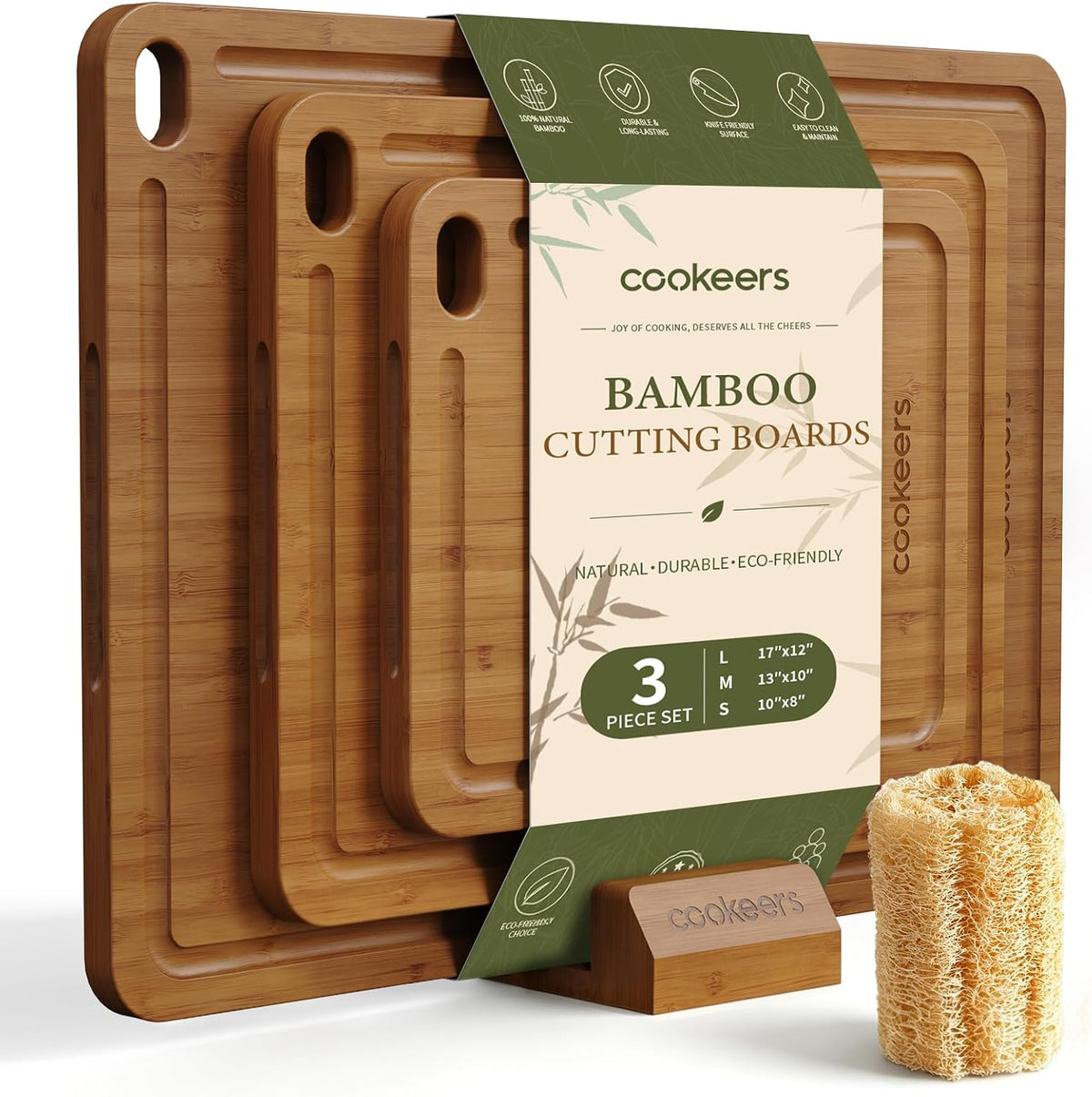 Bamboo Cutting Board Set 3-Piece, 17x12 Inch Extra Large Kitchen Chopping Boards with Stand & Loofah