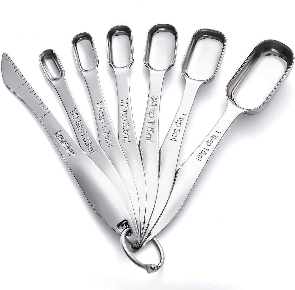 Rainspire Heavy Duty Measuring Spoons Set Stainless Steel, Metal Measuring Cups and Spoons Set for Dry or Liquid, Fits in Spice Jar, Home Gadgets Kitchen Gadgets, Set of 7 Including Leveler