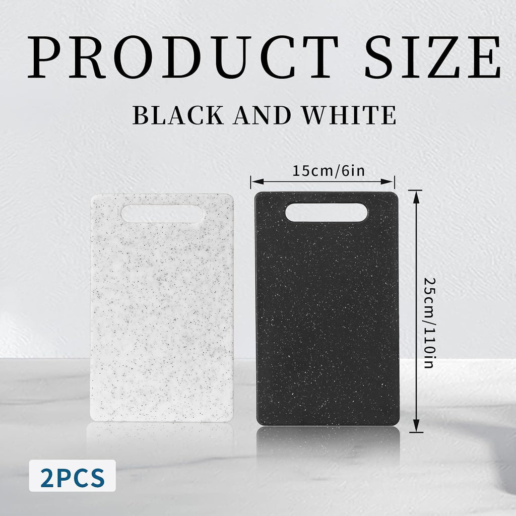 2 Pcs mini plastic cutting boards for the kitchen, in granite color, are suitable for food preparation, fruit and vegetable cutting.They feature an easy-to-hold design （6" x 10"，White+Black)