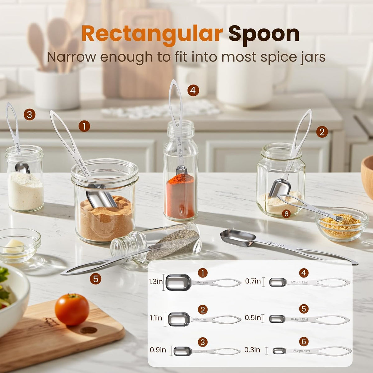 6pcs Narrow Measuring Spoons Set, Stainless Steel Spoons for Spice Jars