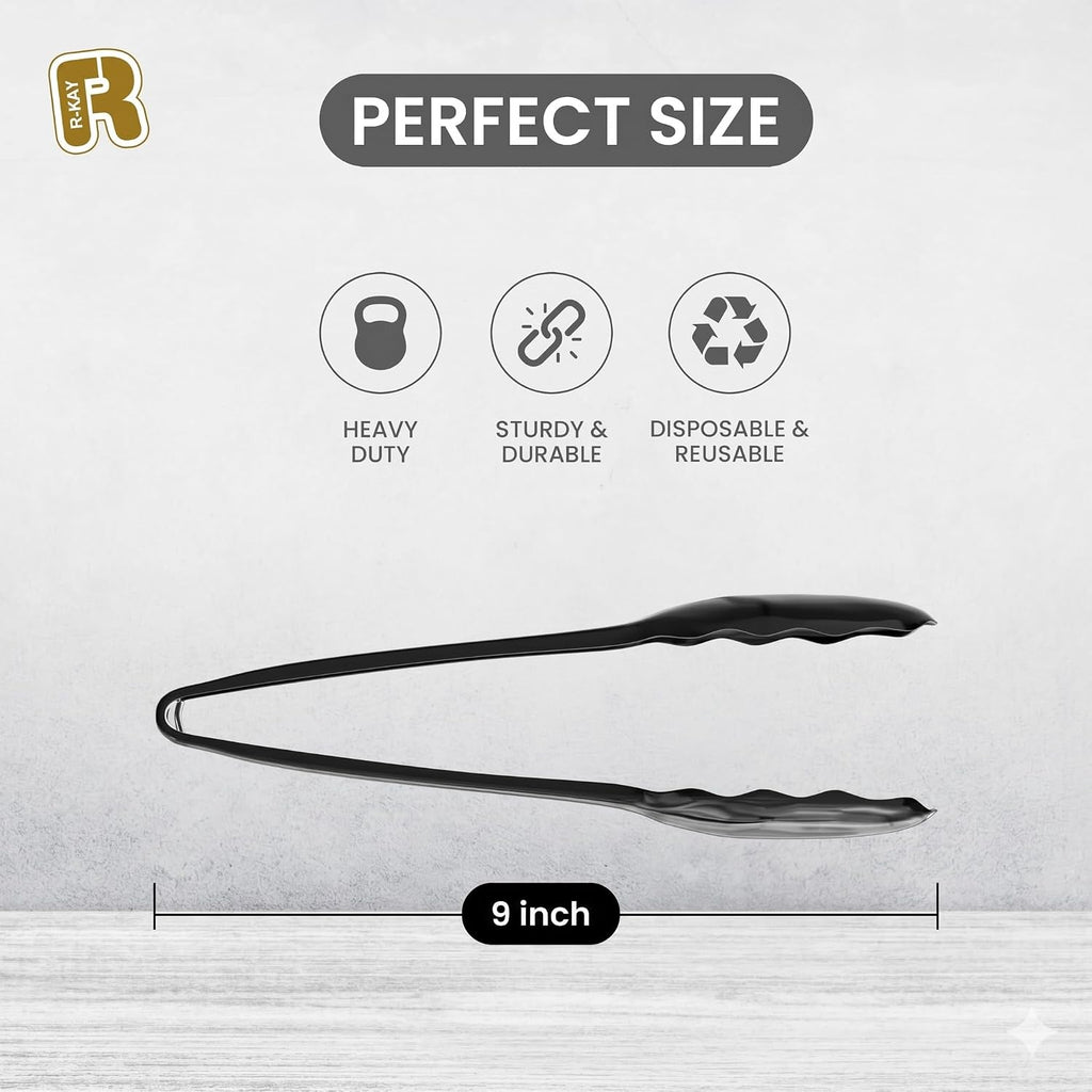 12 Pack 9 Inch Large Plastic Serving Tongs For Buffet - Plastic Serving Utensils For Hot And Cold Food - Disposable Serving Tongs For Parties, Holidays And Gatherings (Black)
