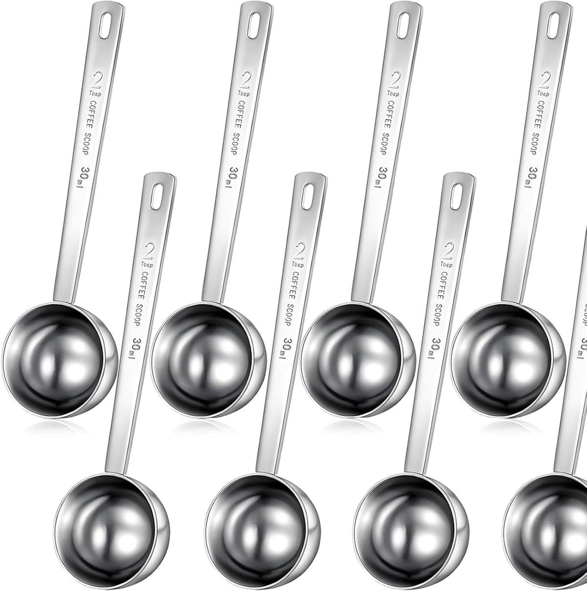 Geiserailie 8 Pcs 2 Tablespoon Scoops with Long Handle, 30 ml Stainless Steel Measuring Spoon for Coffee Milk Fruit Powder, Loose Tea Dry, Spice Jar, Cooking Baking, and Other Dry Goods
