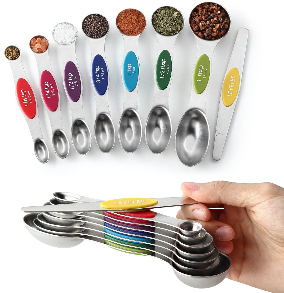 Spring Chef Stainless Steel Magnetic Measuring Spoons Set of 8, Pastel