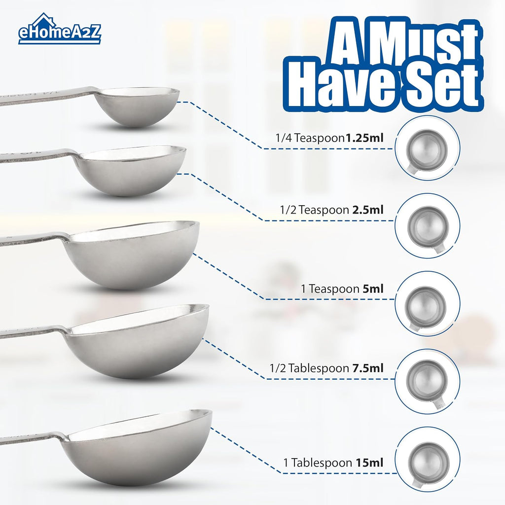 5-Piece Stainless Steel Measuring Spoon Set for Cooking and Baking, Heavy Duty, Fits in Spice Jars, Accurate for Dry and Liquid Ingredients