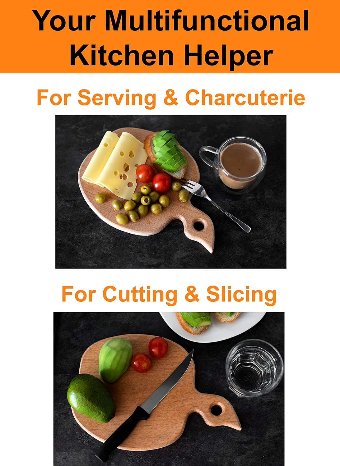 ECOSALL Apple-shaped Solid Wood Cutting Board With Handle, Unique Gift Idea